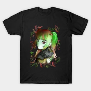 Green witch girl with black kitten for anime fans T-Shirt